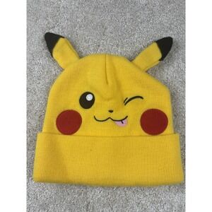 Pokémon Pikachu Winking Face Knit Beanie Black Tip Ears Red Cheeks